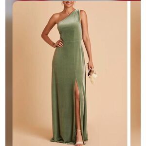 Birdy Grey KIRA Green Velvet One Shoulder Side Slit Holiday Party Maxi Dress
